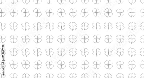 Seamless pattern of simple outlined grey four-leaf clovers on a white background, creating a minimalist and lucky design.