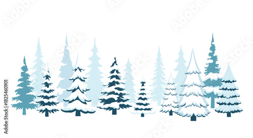 Decorative winter forest scene featuring diverse blue fir and pine trees covered in white snow on a clear white backdrop.