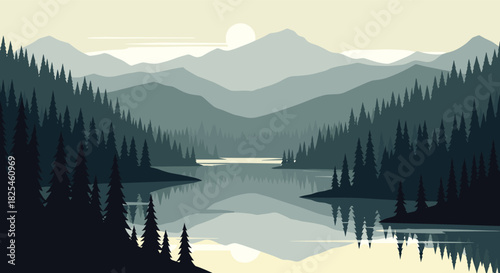 A beautiful minimalist landscape illustration showcasing a tranquil lake surrounded by dense pine forests and majestic mountains under a soft sky.