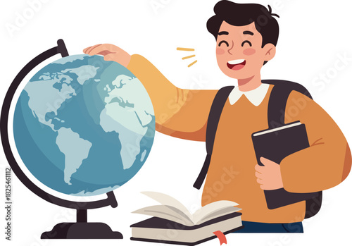 Smiling Young Boy With Backpack Holds Globe Near Open Book