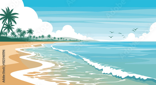 Idyllic pixel art tropical beach scene featuring palm trees, a golden sandy shoreline, turquoise ocean waves, and birds soaring in the soft cloudy sky.