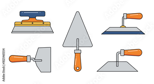 Collection of various construction and masonry hand tools, including different types of trowels and spatulas, illustrated in a clean vector style on a white background.