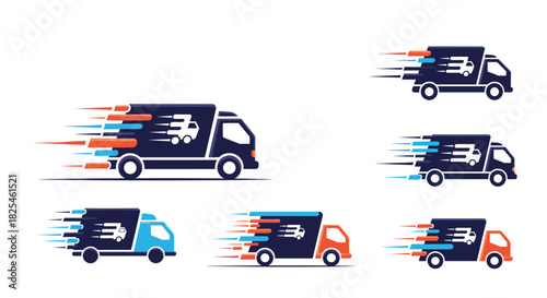 A collection of stylized delivery truck icons in various colors, featuring speed lines to illustrate rapid shipping and logistics services.