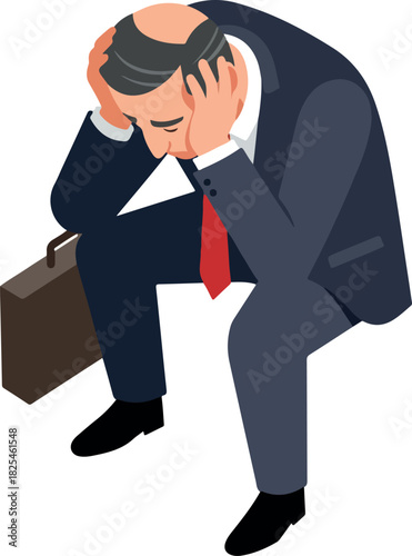 Stressed Businessman Holding Head Sitting With Briefcase Flat Design