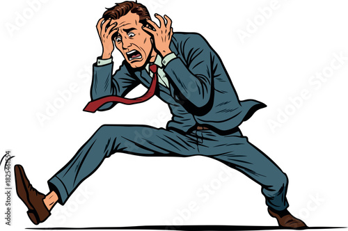 Stressed Businessman In A Teal Suit Panics With Hands On Head