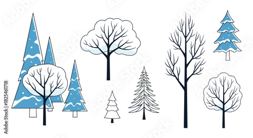 Illustrations of diverse winter trees featuring both snow-laden conifers and frosty deciduous silhouettes on a white background.