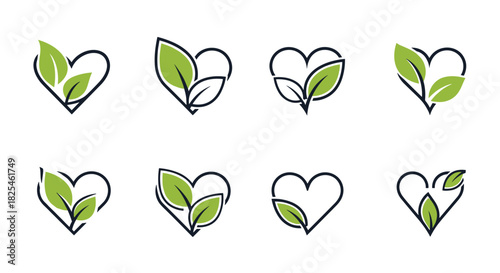 A collection of eight unique heart shapes intertwined with green leaves, symbolizing nature, health, and love for organic living.