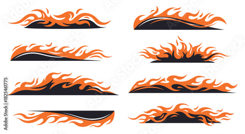 Collection of dynamic stylized orange and black fire flame designs, perfect as borders, decals, or decorative graphic elements.