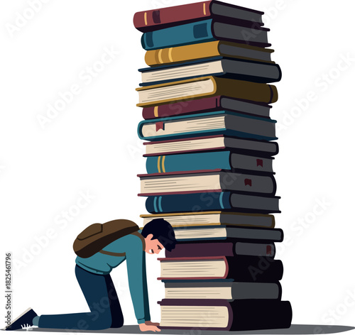 Student Overwhelmed By Giant Stack Of Books Isolated On White Background