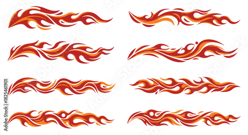 A collection of abstract red and orange fire flame design elements and tribal patterns, ideal for decorative accents and hot rod themes.