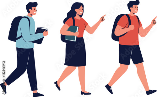 Students Walking With Backpacks and Books Flat Design