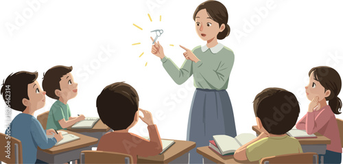 Teacher Explains Concept to Engaged Students in Classroom with Soft Lighting