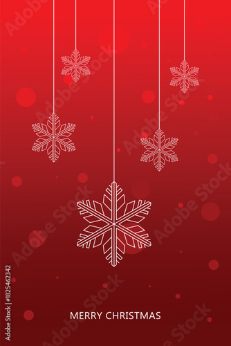 Vertical red Christmas poster vector banner; Hanging snowflakes holiday greeting card background; Elegant xmas festival illustration