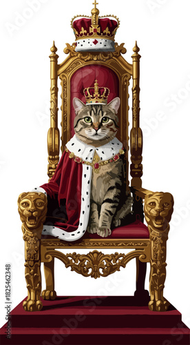 Tabby Cat King Sitting on Ornate Gold Throne Wearing Royal Crown and Cape