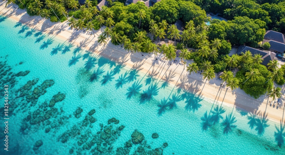 Fototapeta premium Aerial view of a tropical island coastline showing vibrant turquoise ocean water, white sand beach, and lush green palm tree forest with long shadows stretching across the shore