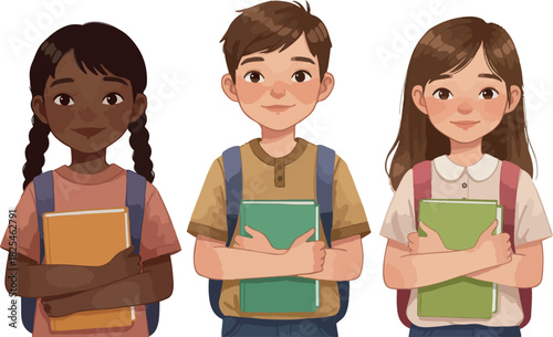 Three Diverse Children with Backpacks Holding Books White Background