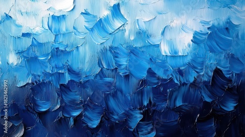 Abstract close-up of blue impasto oil painting with thick palette knife strokes and layered textures, evoking calm, depth, and flowing oceanic serenity