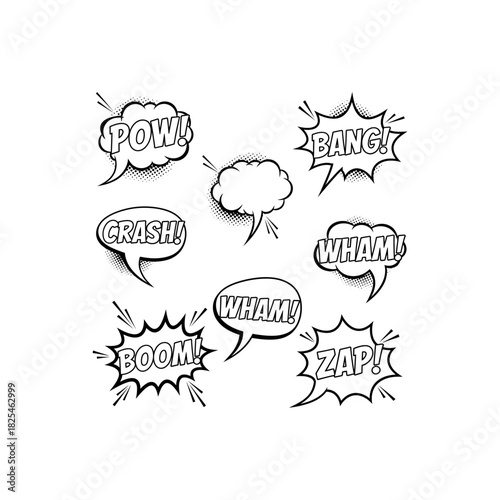 A collection of black and white comic book speech bubbles with onomatopoeia words like Pow, Bang, and Zap.