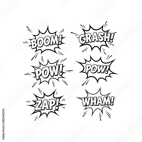 Comic book sound effects in various speech bubbles, black and white.