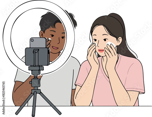 Two Friends Applying Face Cream with Ring Light and Tripod Setup