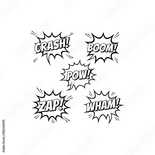 A set of black and white comic book sound effects featuring onomatopoeia like Crash, Boom, Pow, Zap, and Wham in explosive speech bubbles.