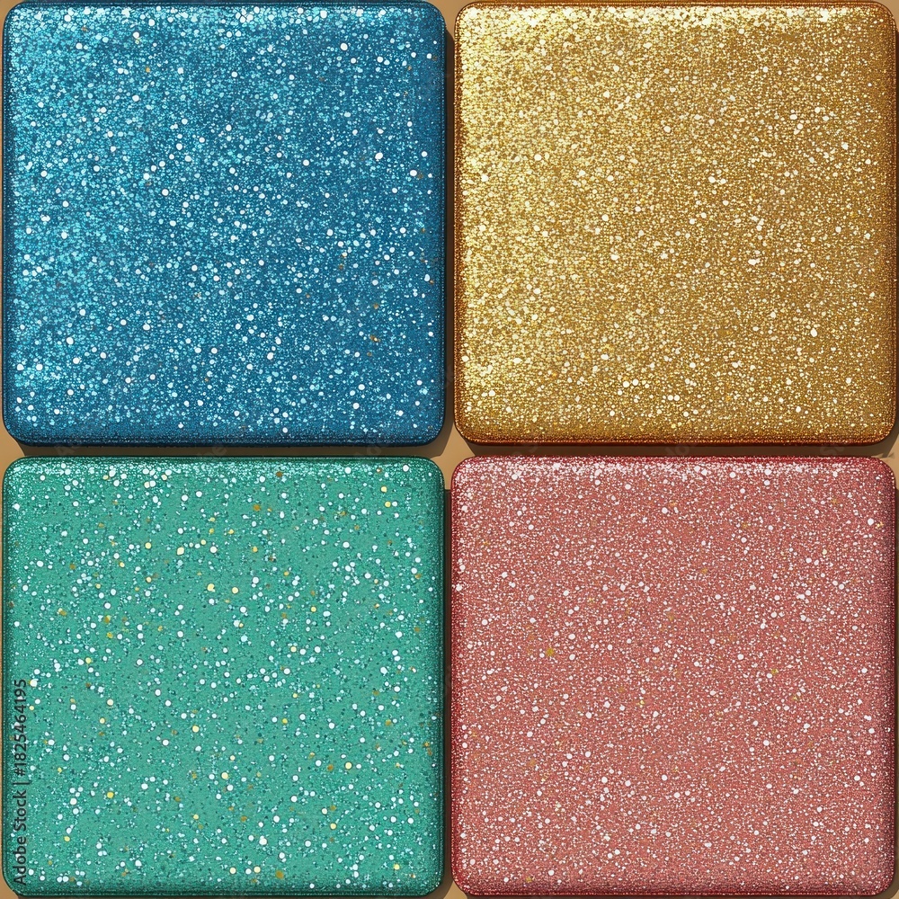 Fototapeta premium Four glittering square cosmetic pans in blue, gold, teal and pink arranged in a neat grid conveying playful festive sparkle