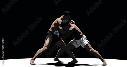 Two Men Grappling in Dramatic Light with Dark Background Minimal Illustration
