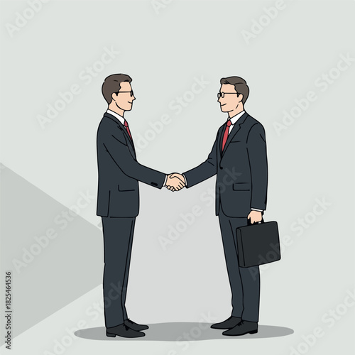 Two Men In Suits Shaking Hands With Briefcase Isolated On Grey Background