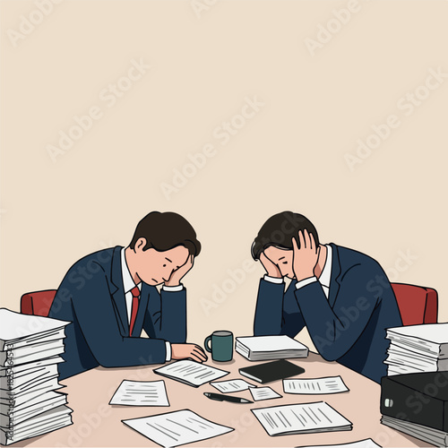 Two Men In Suits Looking Stressed With Piles Of Paperwork At A Desk