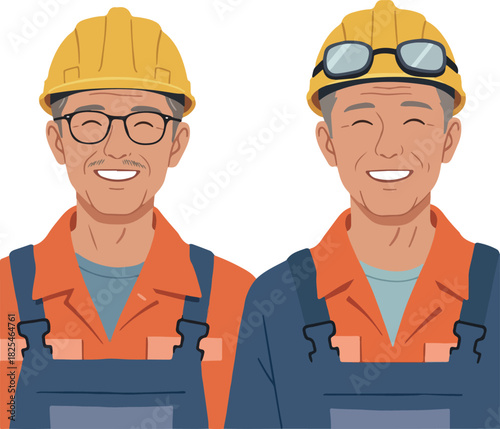 Two Smiling Men Construction Workers Orange Overalls Yellow Helmets White Background