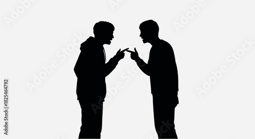 Two Silhouetted Men Pointing Fingers White Background Minimalist Illustration