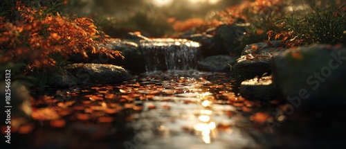 Serene Autumn Stream with Colorful Leaves and Gentle Water Flowing Through Rocks in a Tranquil Nature Scene