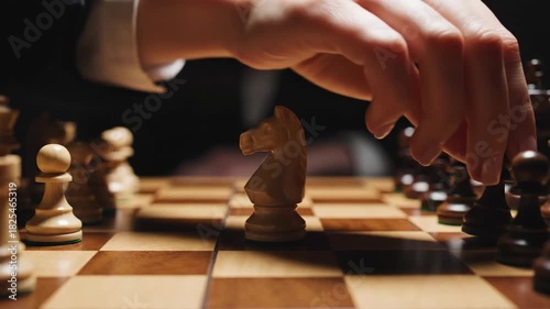 A focused hand moves a chess piece during an intense game in low light