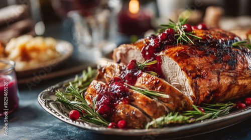 Close up of sliced roasted turkey with cranberry sauce and rosemary on a silver plate