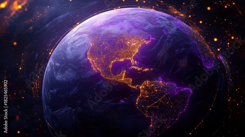 Glowing neon Earth focused on North and South America with golden network connections, purple oceans and cosmic sparkles evoking futuristic connectivity and wonder