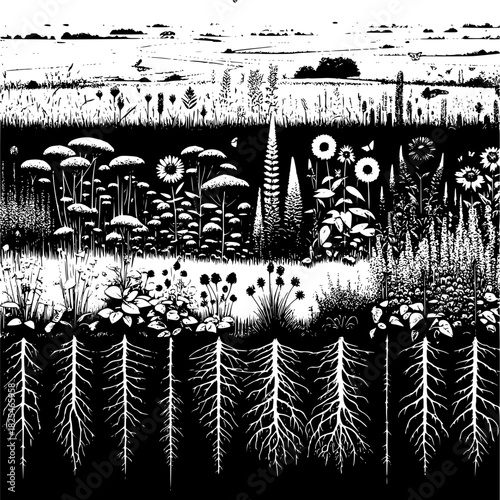 Prairie restoration showing ecosystem succession and native grassland recovery for biodiversity and ecological restoration conservation

