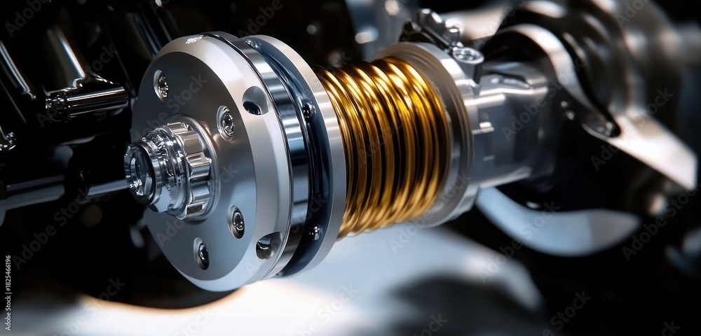 Fototapeta premium close-up of polished metallic coupling with golden helical spring on a precision shaft assembly, sleek high-tech machinery conveying power, motion and engineered sophistication