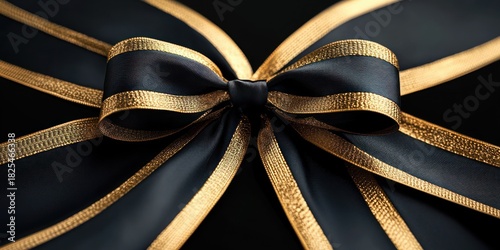Close-up of black satin ribbon with metallic gold edges tied into an elegant bow conveying luxury and celebration