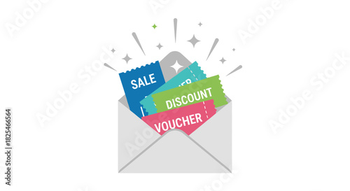 Single Vector Icons of Open Envelope Revealing Colorful Sale Discount and Voucher Cards. EPS Editable