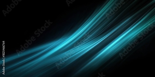 curved teal and turquoise light streaks and ribbons flowing diagonally across a black background, evoking calm elegant futuristic motion