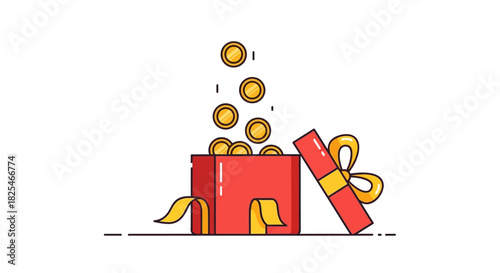 Single Vector Icons of Red Gift Box Overflowing with Golden Coins Illustration. EPS Editable