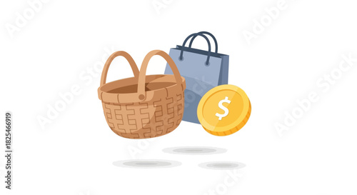 Single Vector Icons of Shopping Basket and Bag with Gold Coin Icon. EPS Editable