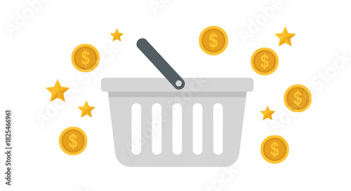 Single Vector Icons of Shopping basket with gold coins and stars symbolizing success and profit. EPS Editable