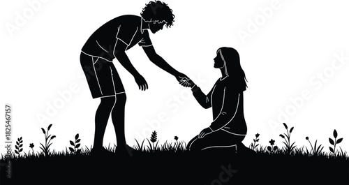 Helping Hand, Support, Encouragement, and Partnership Silhouette; Man Assisting Woman Kneeling in Grass; Caring Friend Offering Rescue to Overcome Difficulty and Crisis with Empathy, Vector.