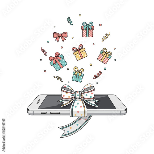 Single Vector Icons of Smartphone Gift Box Surprise with Festive Bow and Confetti. EPS Editable