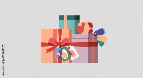 Single Vector Icons of Stack of Colorful Gift Boxes Tied with Ribbons and Tags. EPS Editable