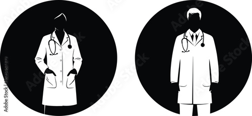 Male and female doctor silhouette icon set, medical professional avatar in black circle, healthcare staff vector illustration isolated on white, hospital