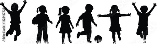 Set of black silhouettes showing happy children playing, running and jumping, active kids vector illustration isolated on white background, joyful childhood concept
