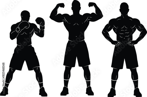 Set of Three Muscular Men Silhouettes Vector Illustration, Boxer, Bodybuilder, and Fitness Models in Strong Poses, Gym and Sport Concept Isolated on White Background.