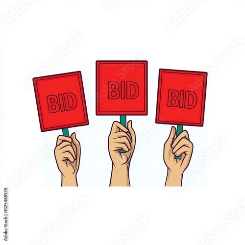 Three raised hands holding red bid paddles conveying assertive competitive auction bidding